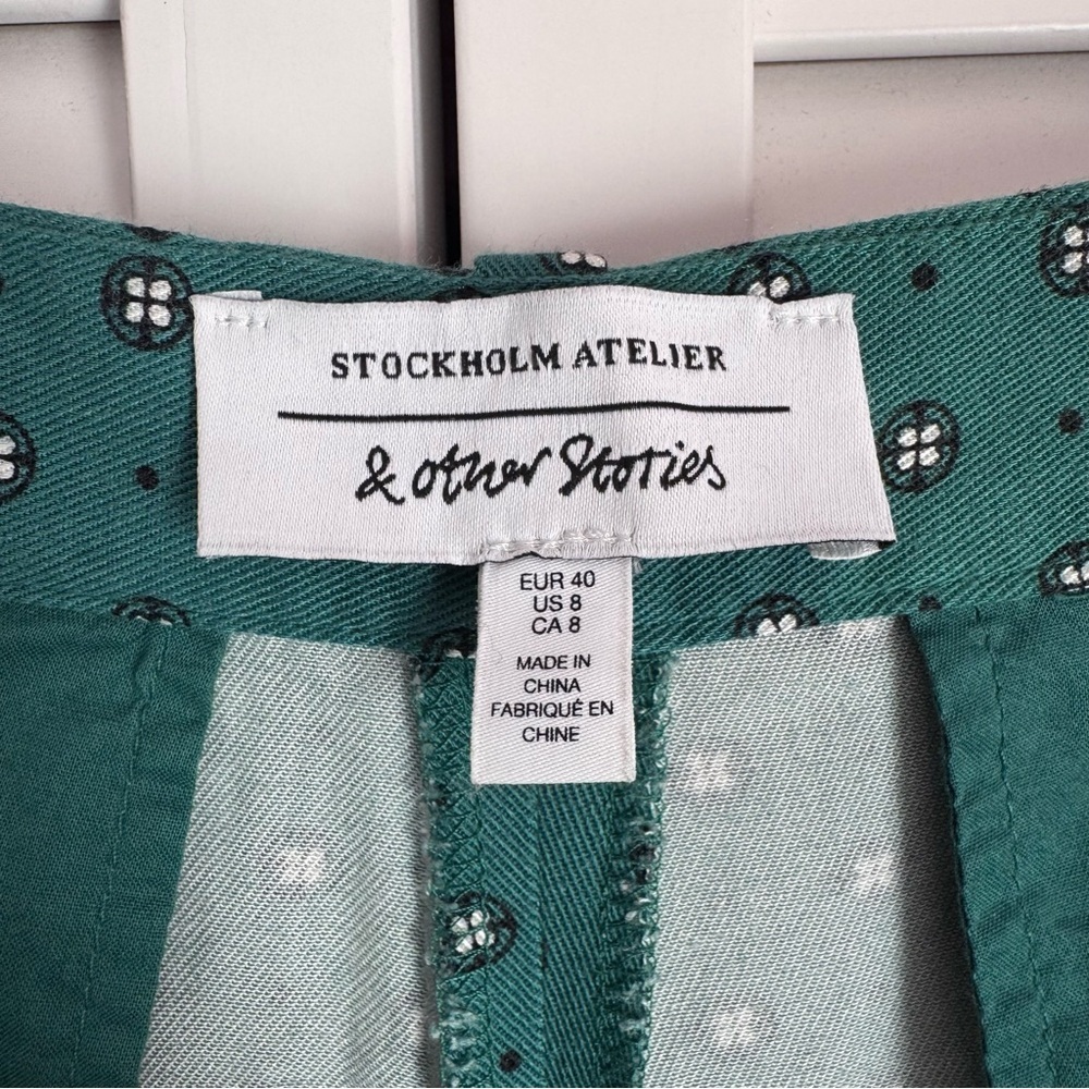 & Other Stories High Rise Wide Leg Retro Printed Green Pants Trousers Size 8 - Picture 6 of 11